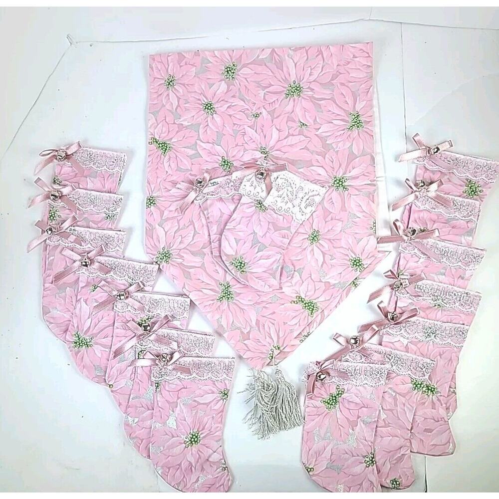 Vintage Poinsettia Flower Christmas Runner With 16 Mini Stockings Hand Made Pink